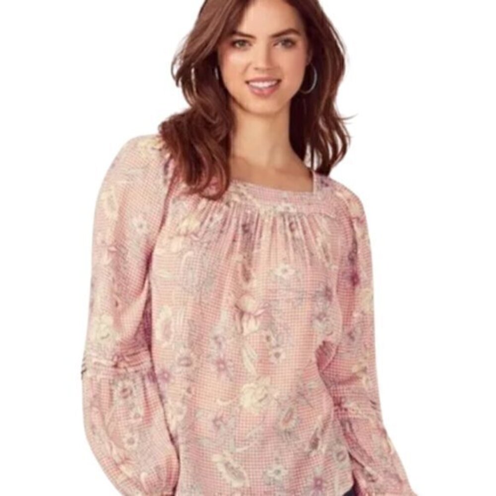 [Lauren Conrad] Mini Gingham Floral Square Neck Peasant Long Sleeve - Si…